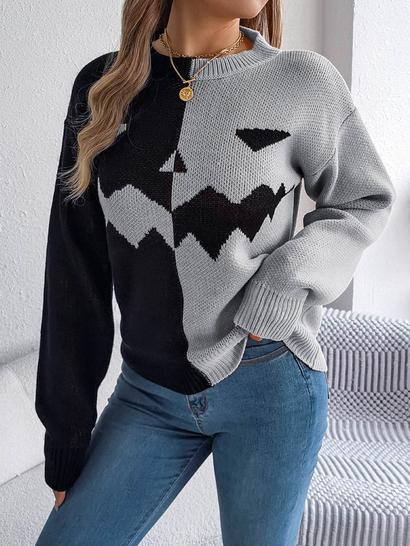 Fall And Winter Halloween Spooky Pumpkin Contrast Long Sleeve Pullover Sweater Women's Clothing - www.Shopthatapp.com
