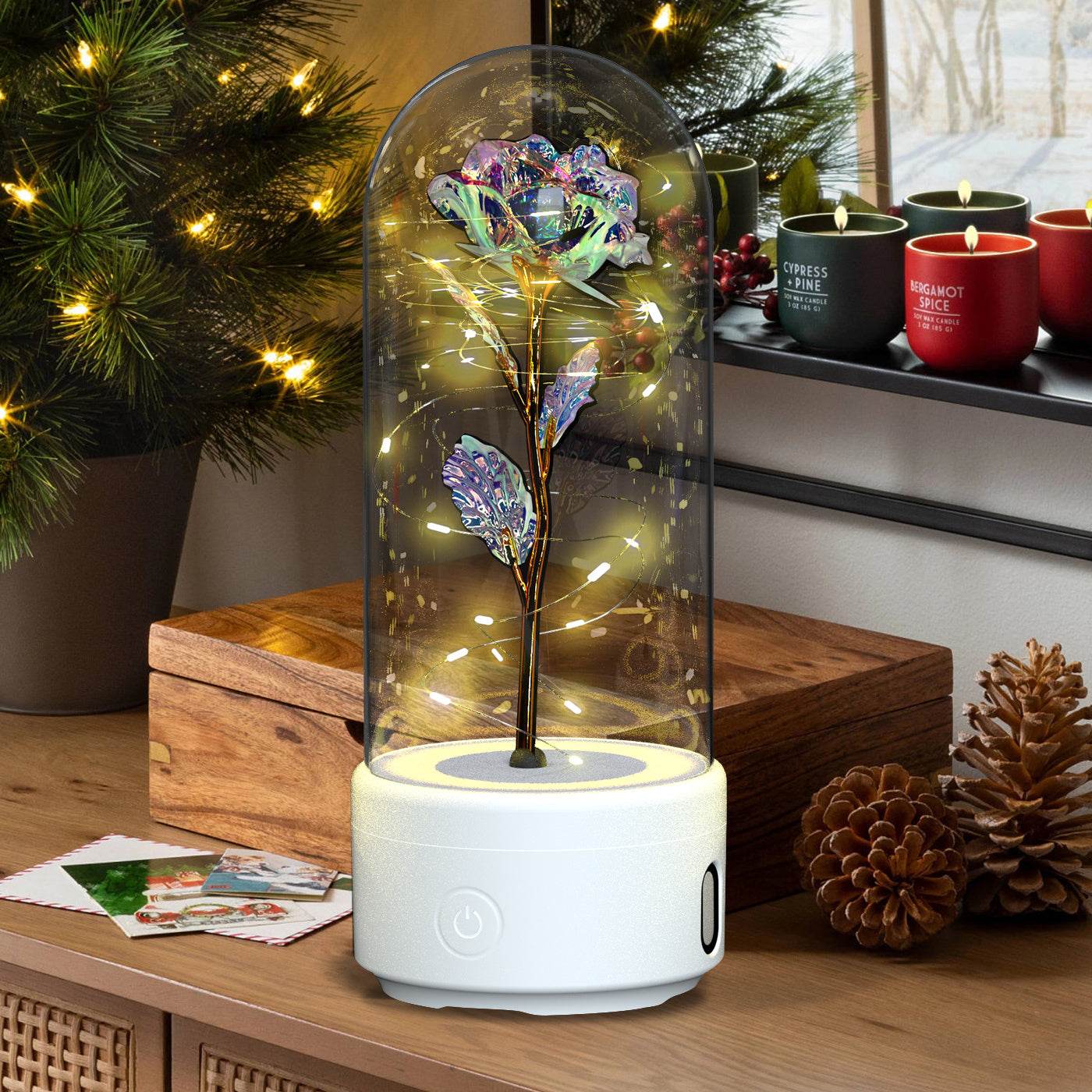 Creative 2 In 1 Rose Flowers LED Light And Bluetooth-compatible Speaker Valentine's Day Gift Rose Luminous Night Light Ornament In Glass Cover - www.Shopthatapp.com