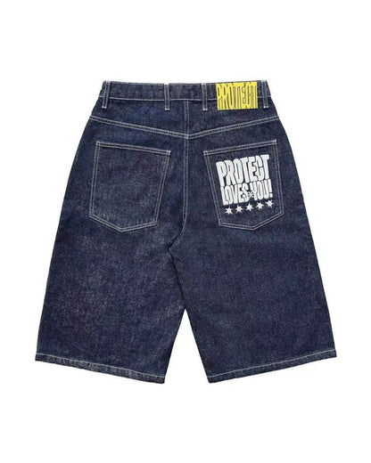 Full Embroidery Dark Blue Denim Shorts Men Jeans
