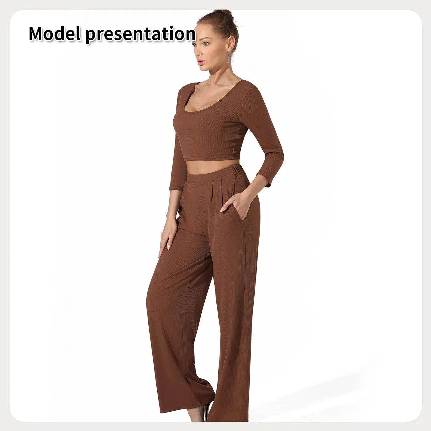 Women Fashion Casual Matching 2pcs set Long Sleeve Crop top and Pant set - www.Shopthatapp.com