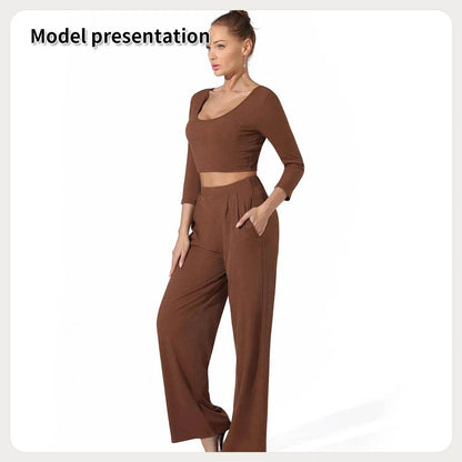 Women Fashion Casual Matching 2pcs set Long Sleeve Crop top and Pant set - www.Shopthatapp.com
