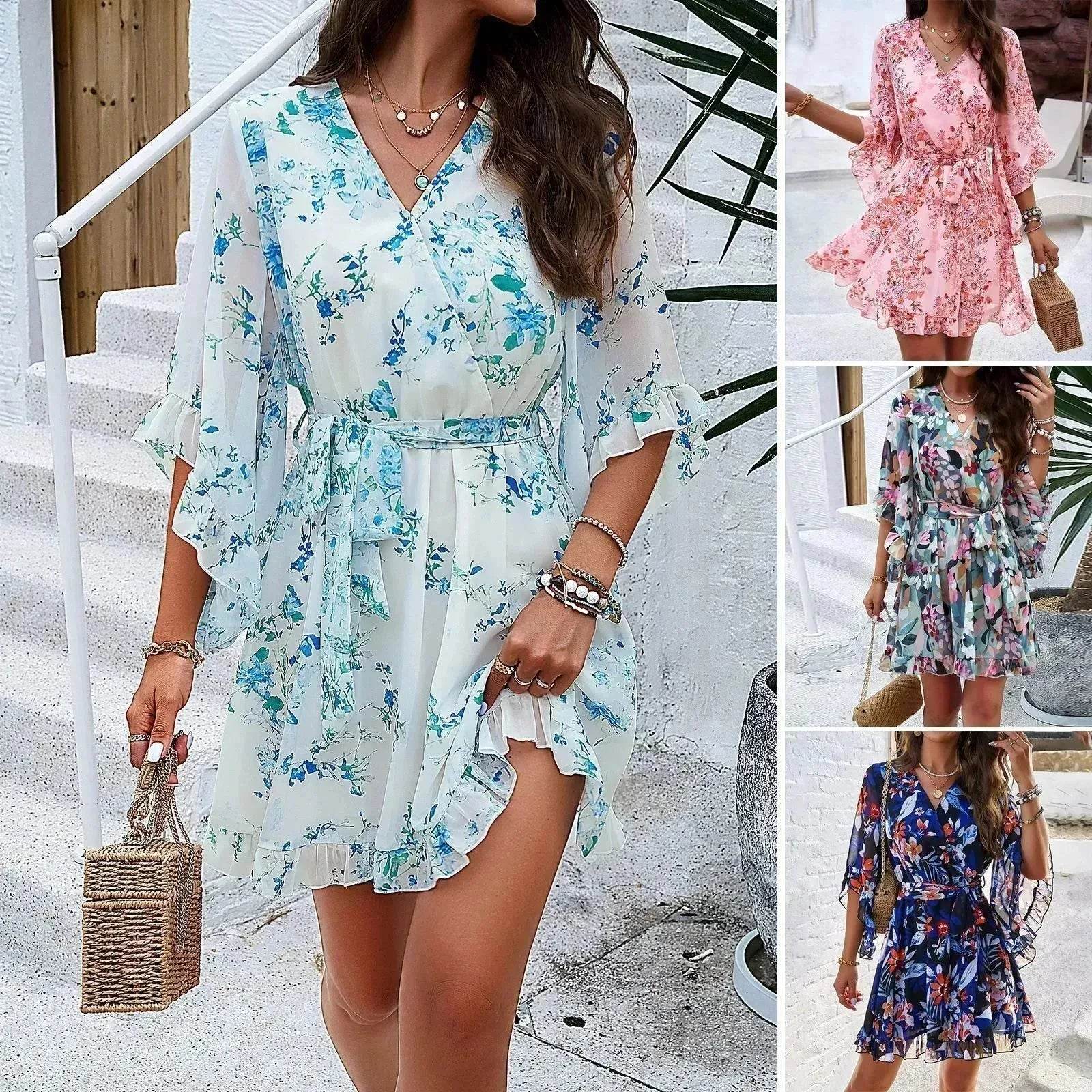 Casual Summer Chiffon Floral Print Short Sleeves Dress Lace Up Ruffles Design Fashion V-neck Short Mini Dresses Womens Clothing - www.Shopthatapp.com