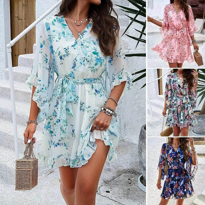 Casual Summer Chiffon Floral Print Short Sleeves Dress Lace Up Ruffles Design Fashion V-neck Short Mini Dresses Womens Clothing - www.Shopthatapp.com