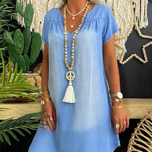 Round Neck Pleated Loose Solid Color Casual Plus Size Denim Dress - www.Shopthatapp.com