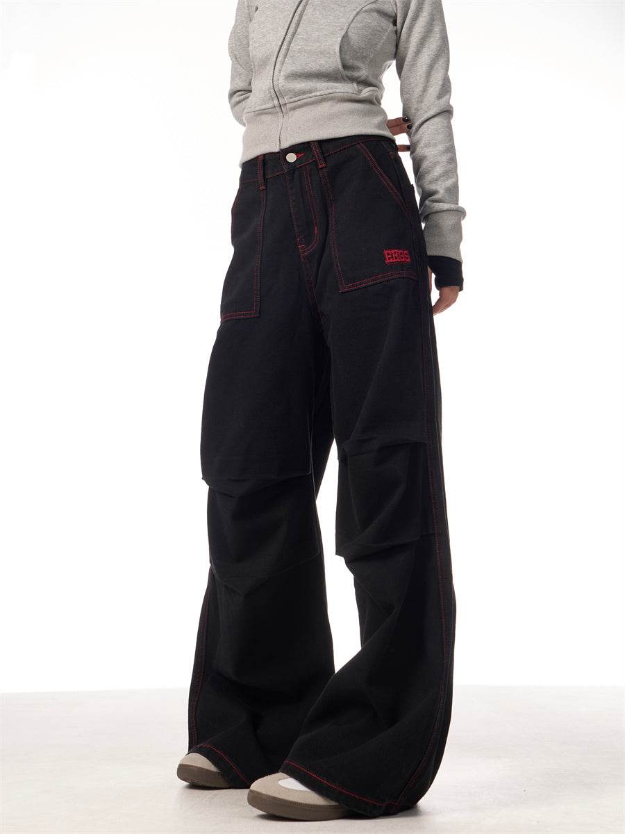 Contrasting Color Of Black And Red Workwear With Pocket Trousers - www.Shopthatapp.com