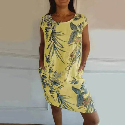 Casual Floral Printed Straight Dress Summer Loose Round Neck Short Sleeve Midi Dresses Womens Clothing - www.Shopthatapp.com