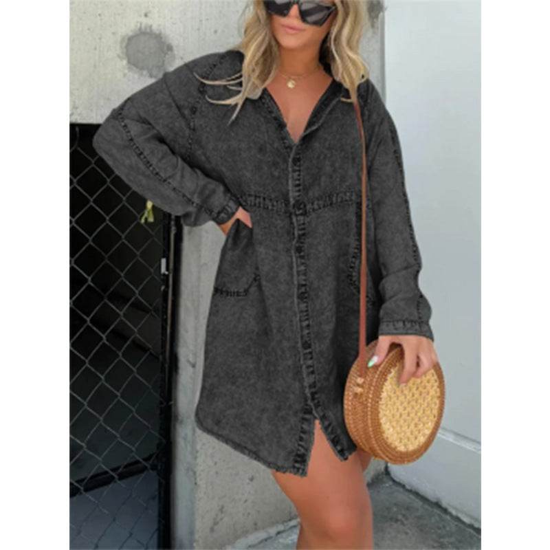 Women's Denim Washed Loose Shirt Dress - www.Shopthatapp.com