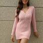 Bodycon V-Neck Long Sleeve Winter Knit Dress Ins Fashion Solid Color Casual  Mini Dress Women's - www.Shopthatapp.com