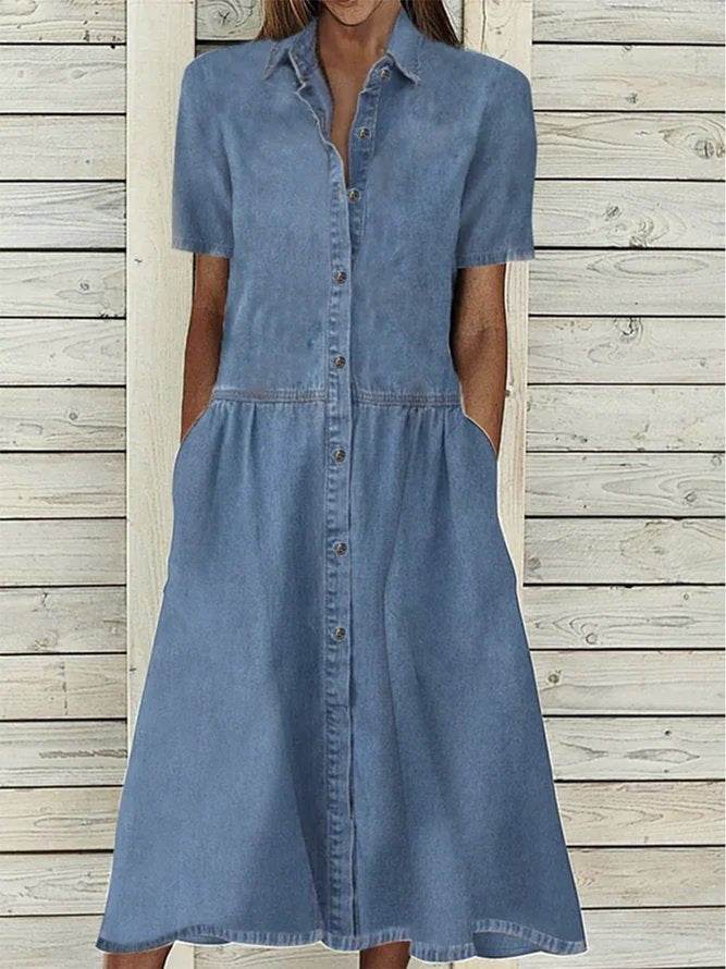 Women's European And American Lapel Casual loose button down Midi Denim jeans Mum Dress - www.Shopthatapp.com