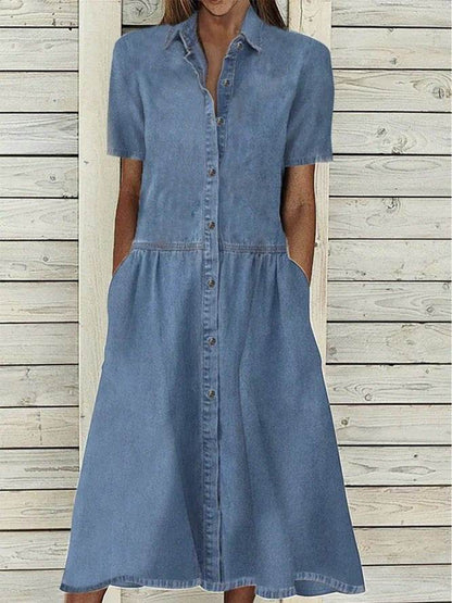 Women's European And American Lapel Casual loose button down Midi Denim jeans Mum Dress - www.Shopthatapp.com