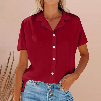 Spring Summer Lapel Cotton And Linen Casual short sleeve Shirt For Women - www.Shopthatapp.com