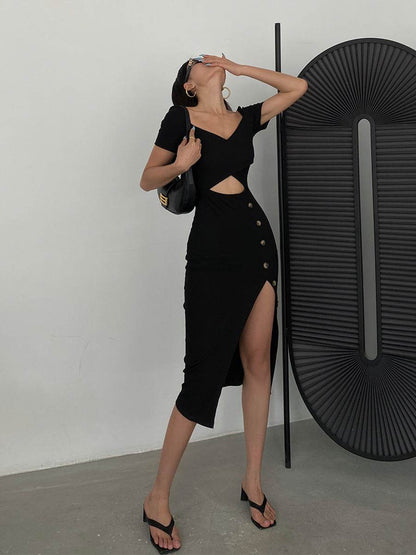 Slim And Hollow Niche Design High Slit Bag Hip Midi dress - www.Shopthatapp.com