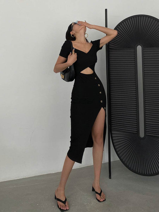 Slim And Hollow Niche Design High Slit Bag Hip Midi dress - www.Shopthatapp.com