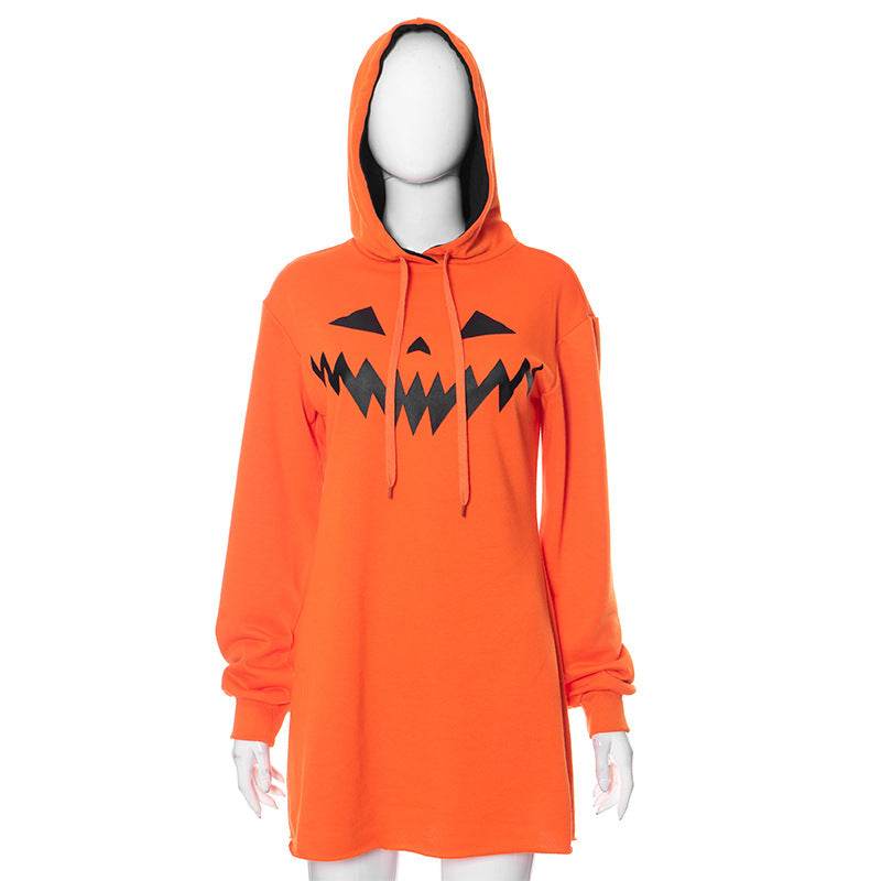 Halloween Costume Pumpkin Print Long Sleeve Hoodie Dress - www.Shopthatapp.com