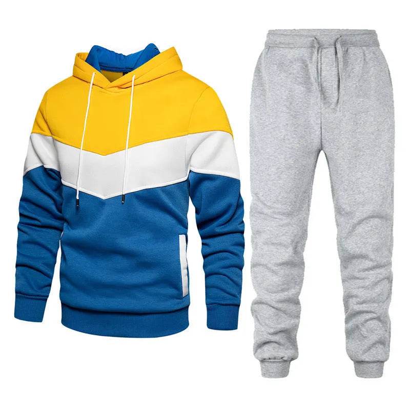 2pcs Winter Fashion Stitching Suit Outdoors Sports Suit Men's Sweatsuit Hoodie Outfit set - www.Shopthatapp.com