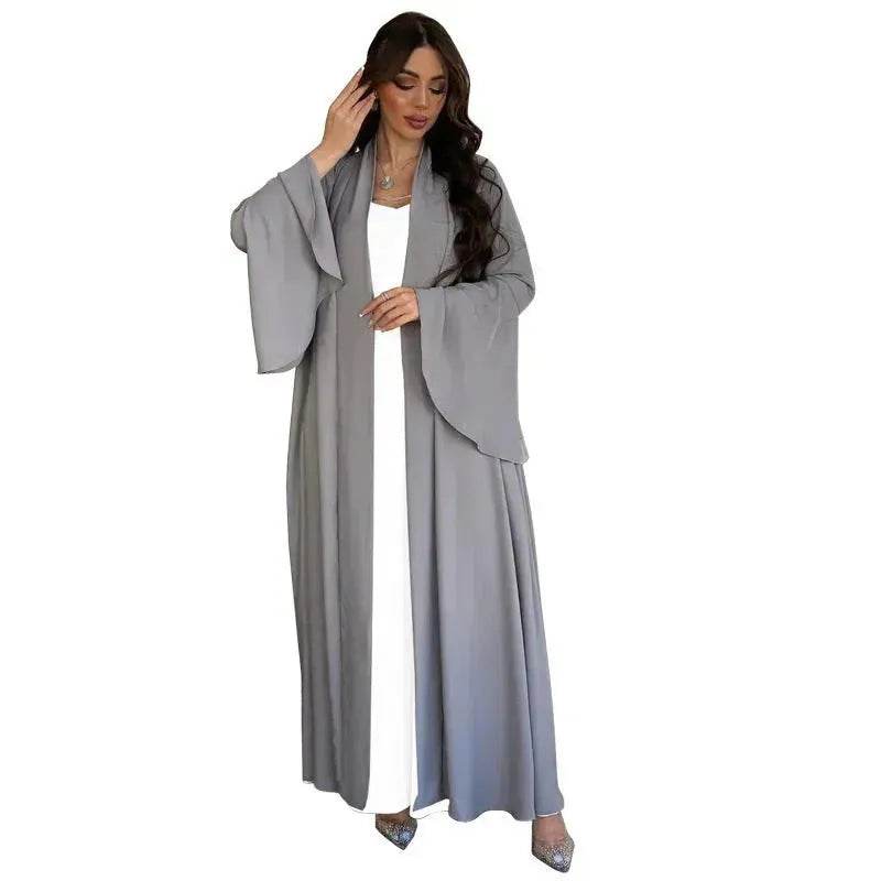 Abaya two piece set Elegant Satin  Plain Color Abaya Kimono Open front Abaya Dubai Abaya wear for Middle East Women - www.Shopthatapp.com