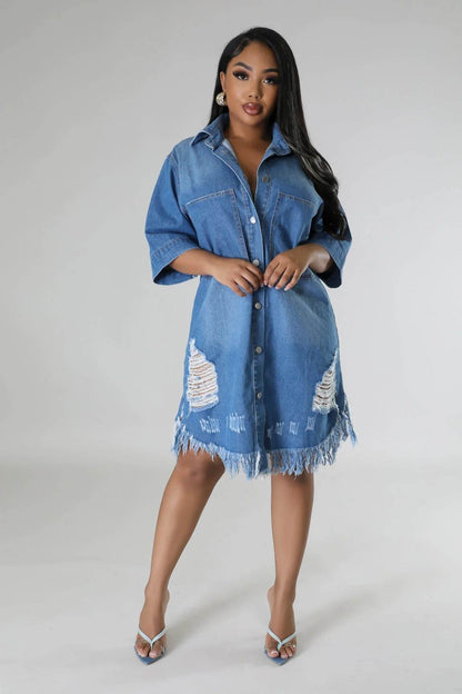 Women's Fashion 3/4 sleeve Mid Length loose Denim Jeans Dress - www.Shopthatapp.com
