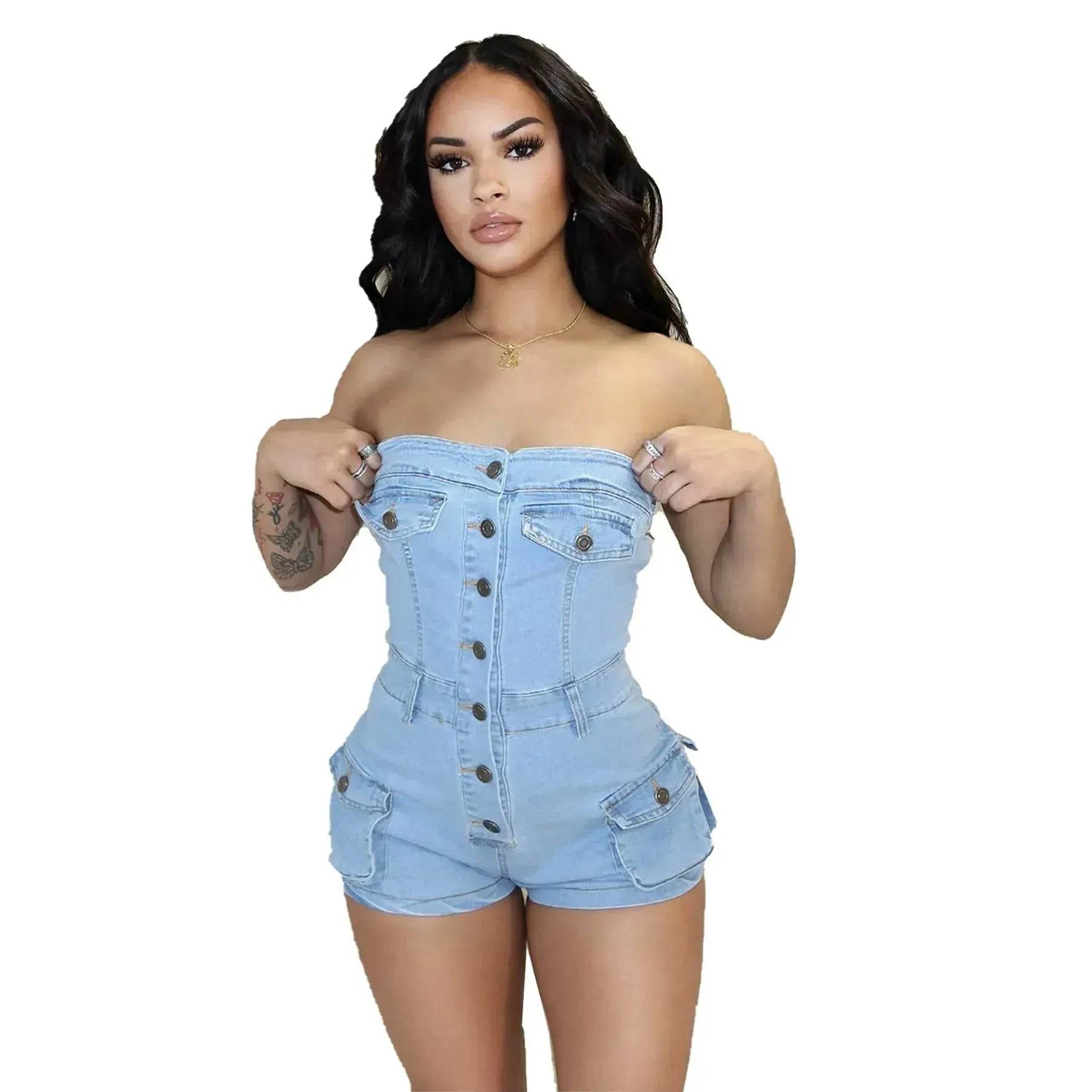 Women Denim Tube Romper Jumpsuit Strapless Bodycon Denim Short Jumpsuit - www.Shopthatapp.com
