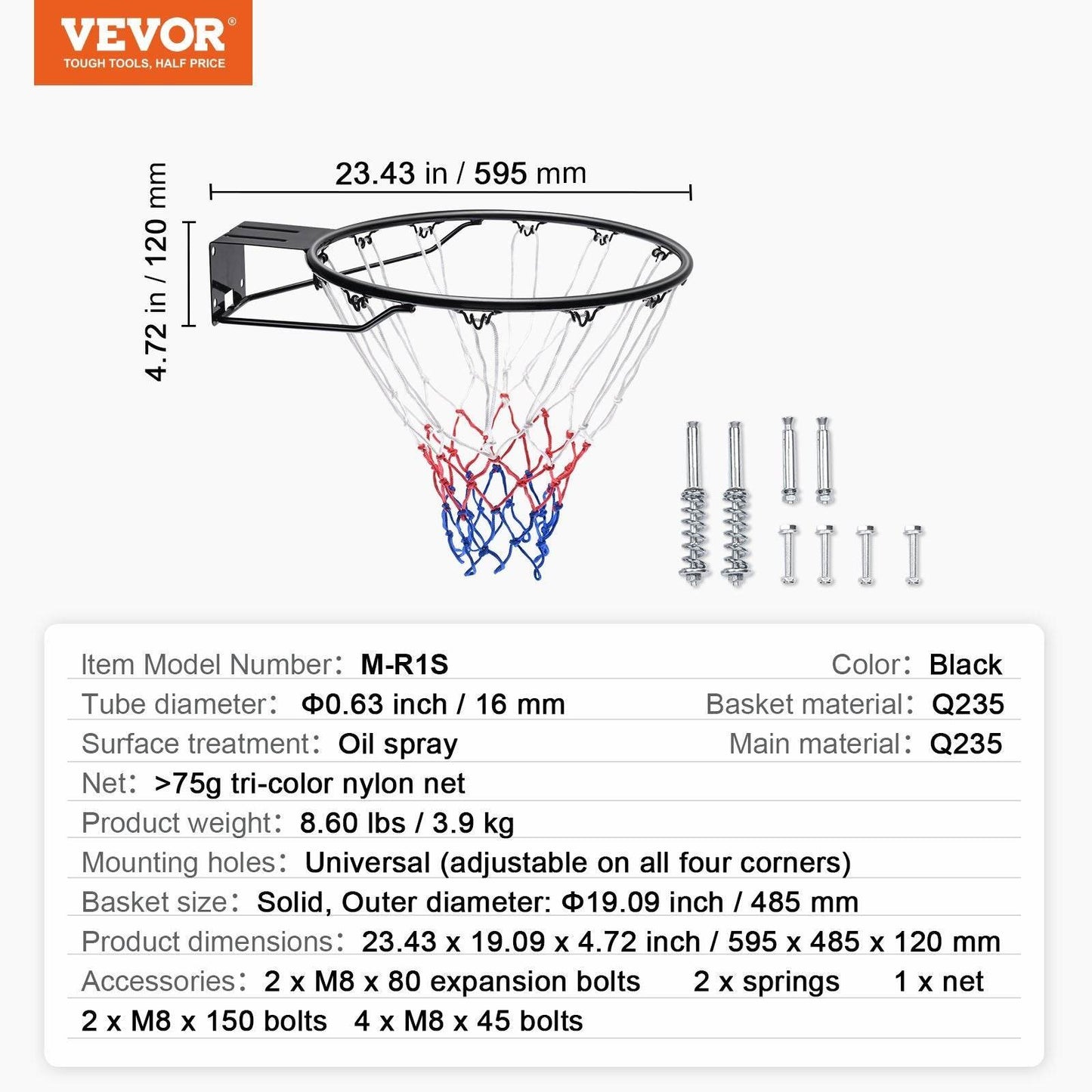 Basketball Rim, Wall Door Mounted Basketball Hoop, Heavy Duty Q235 Basketball Flex Rim Goal Replacement With Net And Double Spring, Standard 18 Indoor Outdoor Hanging Hoop For Kids Adults
