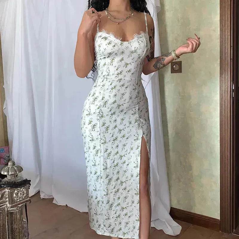 Women's Floral Spaghetti Strap Cami Dress Lace Trim Side Slit Bodycon Midi summer Dress - www.Shopthatapp.com