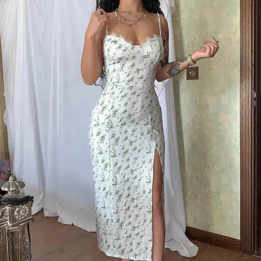 Women's Floral Spaghetti Strap Cami Dress Lace Trim Side Slit Bodycon Midi summer Dress - www.Shopthatapp.com