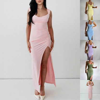 Slim Sleeveless Slit Dress With Back Tie Design Fashion Temperament Dresses For Women Clothing - www.Shopthatapp.com