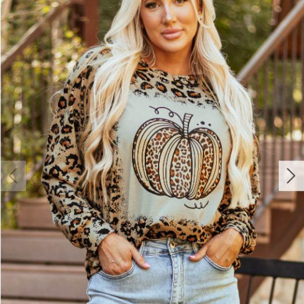 Brown Bleached Halloween Pumpkin Leopard Print Sweatshirt - www.Shopthatapp.com