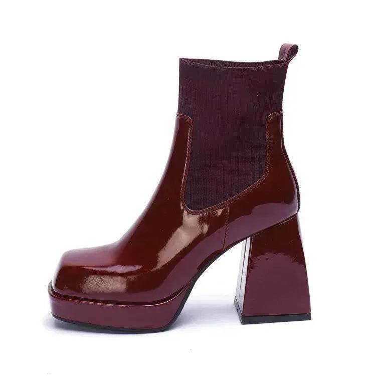 Buy Women Platform Block heel Patent leather boot Woolen winter boot - www.Shopthatapp.com