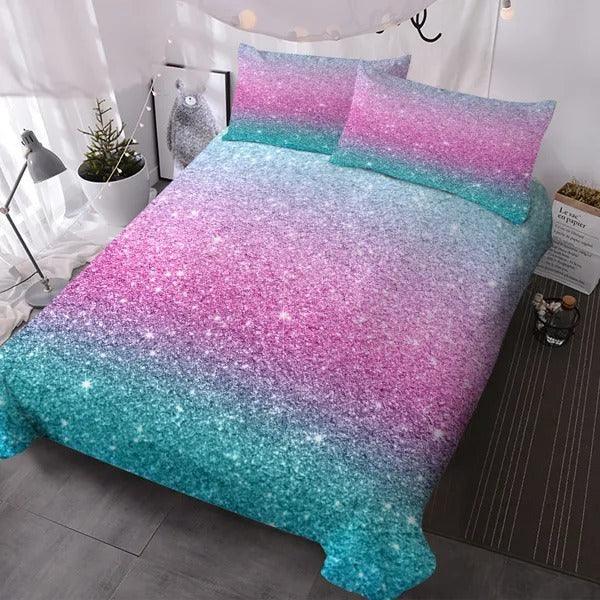 Colorful Glitter Bedding Girly Turquoise Blue Pink And Purple Pastel Colors Duvet Cover 3 Piece Trendy Bed Spreads Queen Size Comforter Cover Sets For Girls - www.Shopthatapp.com