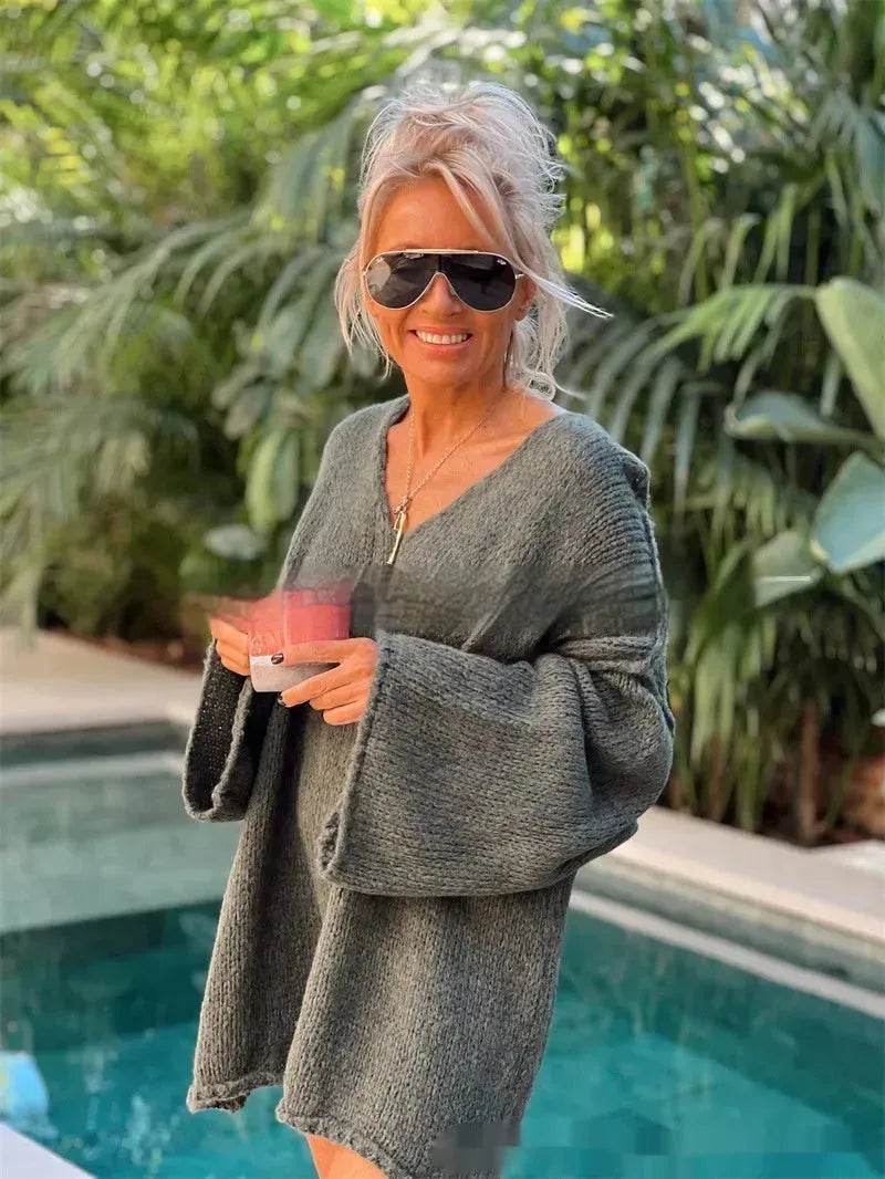 Women's Fashion V-neck Long-sleeve Knitwear 2-color Sweater dress - www.Shopthatapp.com