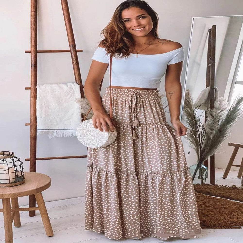 Casual Spring Summer Elastic Waist Pleated Mid Waist printed Maxi Skirt - www.Shopthatapp.com