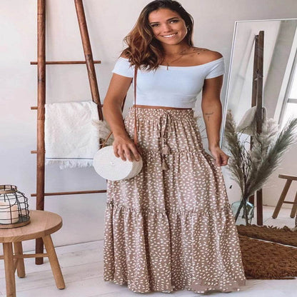 Casual Spring Summer Elastic Waist Pleated Mid Waist printed Maxi Skirt - www.Shopthatapp.com