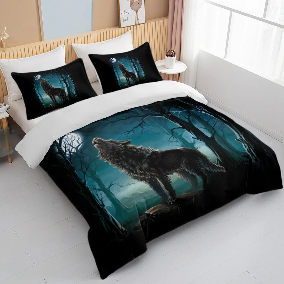 Moon Wolf Bedding Green Watercolor Forest Wolf Landscape Duvet Cover Sets 3 Pieces Wild Animal Bedding Set Twin Full Queen King Size - www.Shopthatapp.com