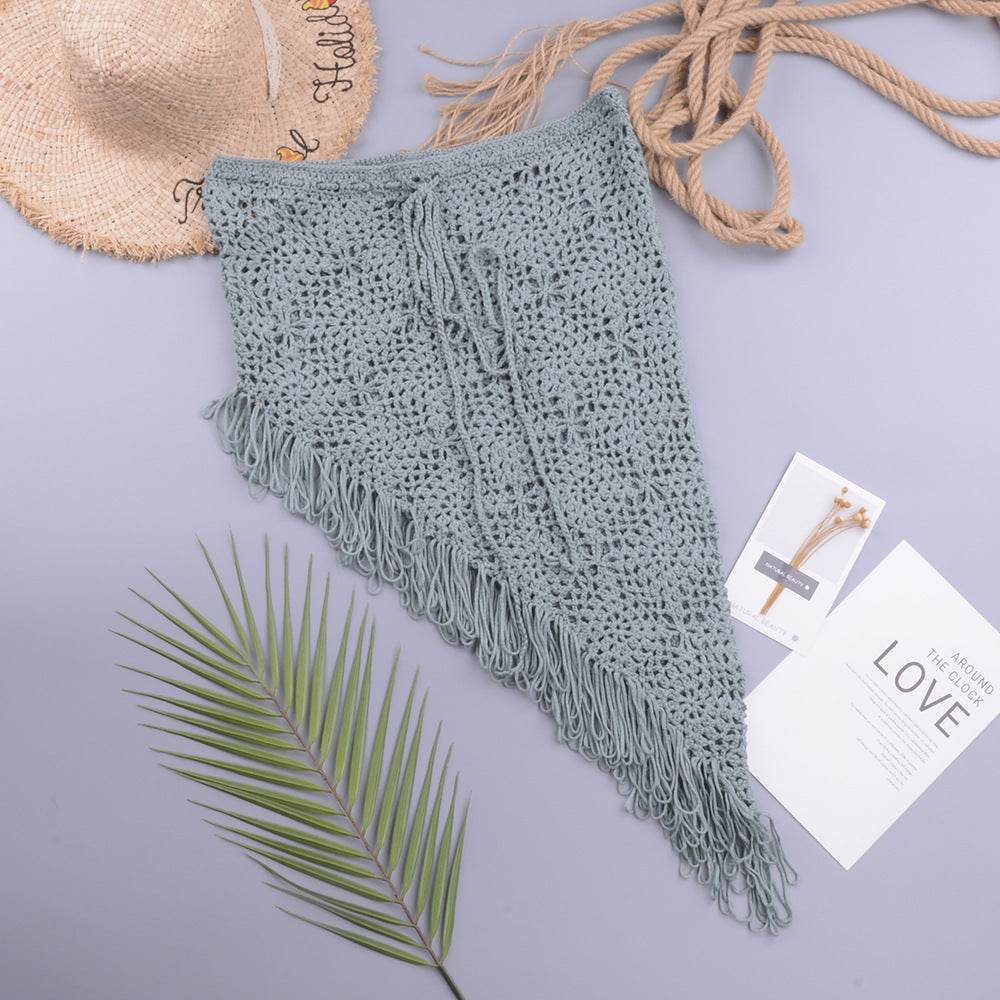 European And American Women's See Through Hollow Knitted tassel fringe Slant Beach Skirt - www.Shopthatapp.com