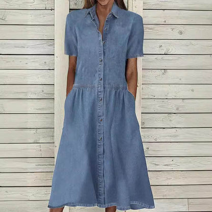 Women's European And American Lapel Casual loose button down Midi Denim jeans Mum Dress - www.Shopthatapp.com