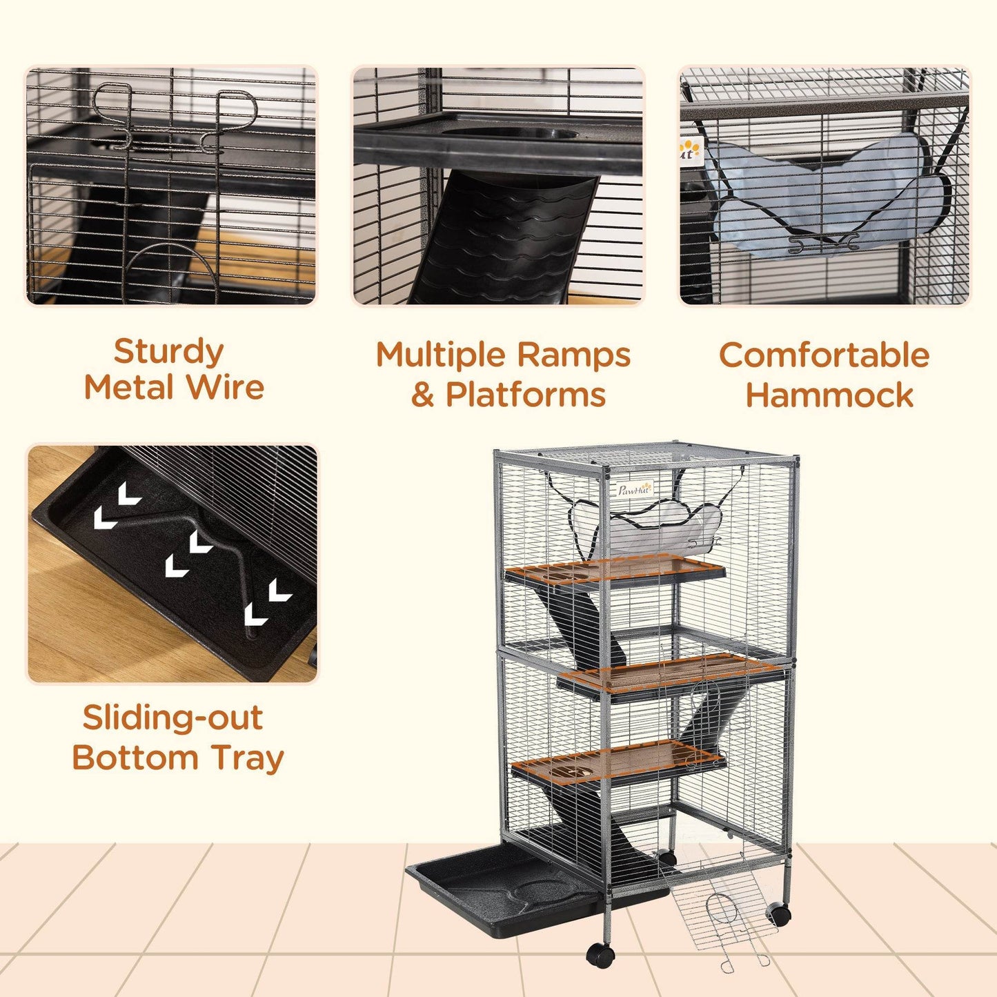 Large Metal 4 Tiers Small Animal Cage With Hammock, Removable Tray, Extra Space For Ferrets Chinchillas, Gray - www.Shopthatapp.com