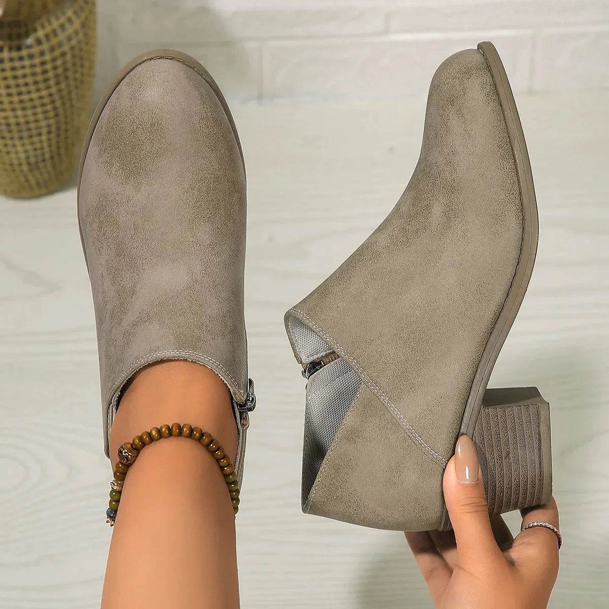 Chunky Heel Round Toe Ankle Boots With Side Zipper Design Fashion Fall Winter Short Boots For Women Shoes - www.Shopthatapp.com