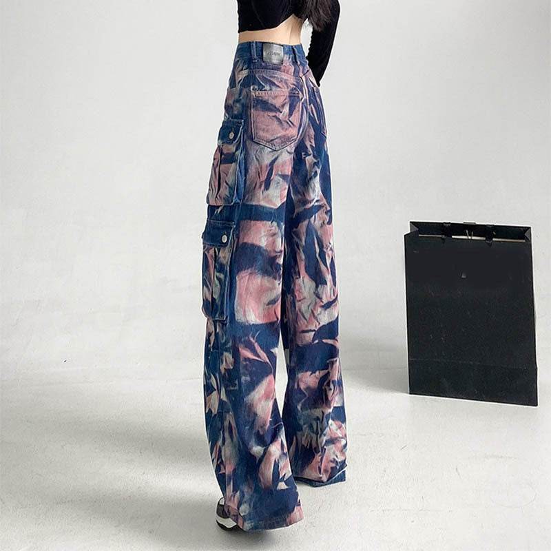 New Tie-dye Baggy CargoTrousers With Pockets Y2K Fashion High Waist Loose Wide Leg Pants Spring And Autumn - www.Shopthatapp.com