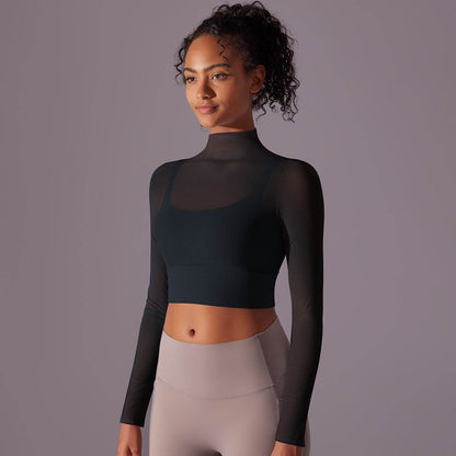 Quick Drying Gym Slim Fit Mesh Turtleneck Long Sleeve Workout Crop Top - www.Shopthatapp.com