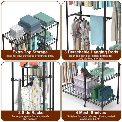 1Pc 4 Tier Heavy Duty Garment Rack With Wheels Carbon Steel Clothing Rack Portable Wardrobe Clothes Rack With 3 Hanging Rods 6 Footrests 44.9x17.13x77.95in - www.Shopthatapp.com