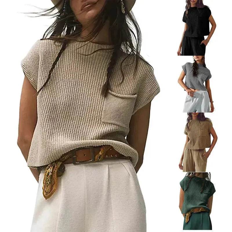 Women Knitted short Sleeve Pullover Tops for women - www.Shopthatapp.com