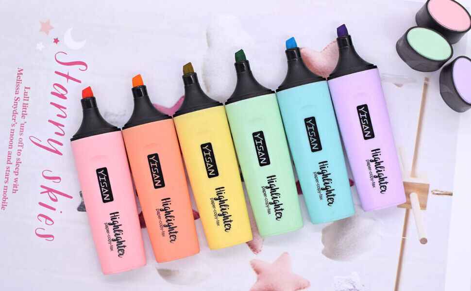6 x Assorted Pastel Highlighter Pens - Vivid Pastel Marker School - and Office