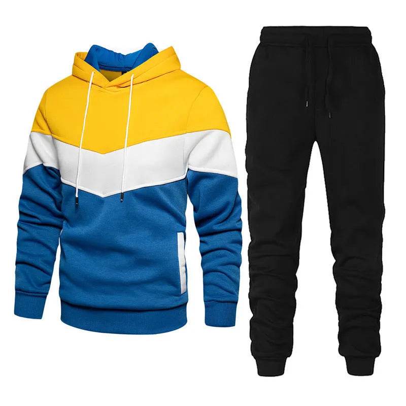 2pcs Winter Fashion Stitching Suit Outdoors Sports Suit Men's Sweatsuit Hoodie Outfit set - www.Shopthatapp.com
