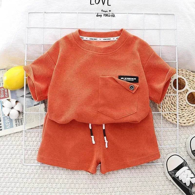 Children's Summer Clothing Casual Plain color Cotton Short Sleeve shirt and Short pant Two-piece Set - www.Shopthatapp.com