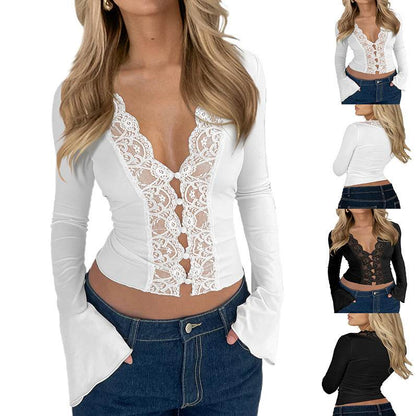 Slim V-neck Lace Button Shirt tank top Ins Fashion Trumpet Sleeve Long-sleeved Top Women Clothing - www.Shopthatapp.com