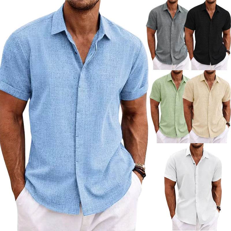 Men's Solid Color Loose Linen Short-sleeved shirt - www.Shopthatapp.com