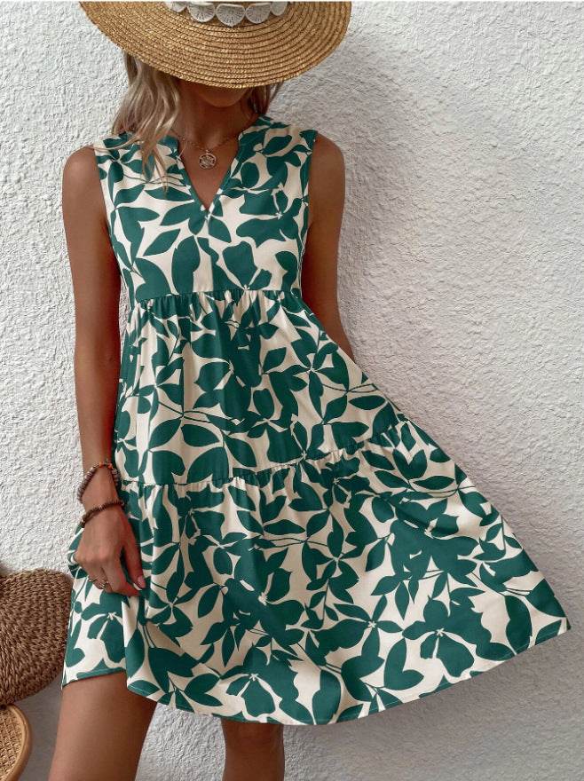 Bohemian Dresses Summer Beach Fashion Loose V-neck Pleated Print Sleeveless Dress For Women - www.Shopthatapp.com