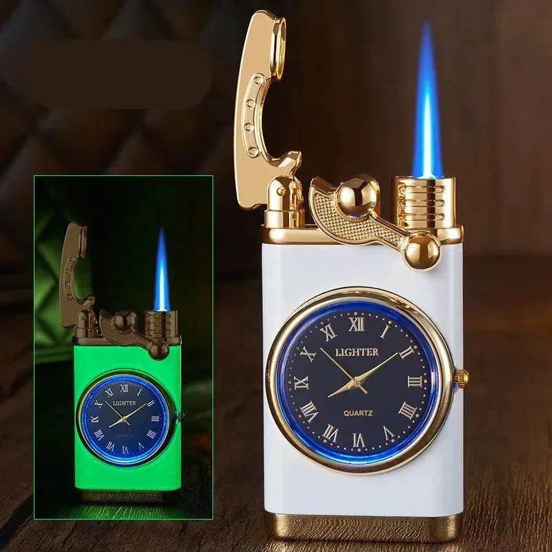 New Lighter With Electric Watch Rocker Arm Automatic Ignition Straight Blue Flame Lighter Creative Real Dial Inflatable Windproof Cigar Lighter Men's Watch Gift - www.Shopthatapp.com