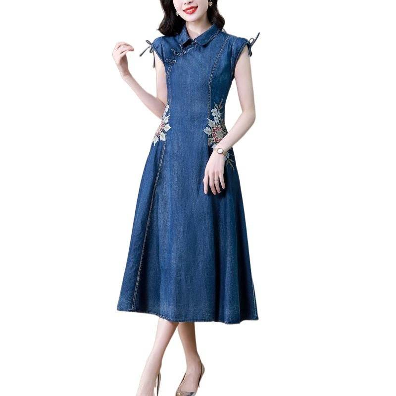 New Modified Version Denim Jeans Flared Midi Dress Female Machine Embroidery Retro - www.Shopthatapp.com