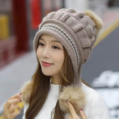 Women Cozy Knit Fleece-Feel Beanie With Ear Flaps Winter Hat Perfect For Skiing & Outdoor Activities - www.Shopthatapp.com